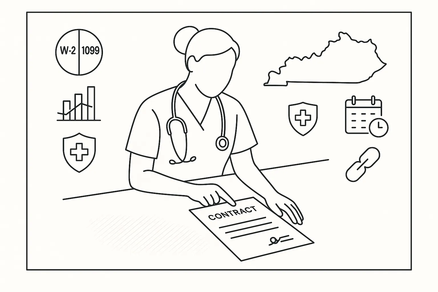 Nurse practitioner at desk reviewing a contract with surrounding contract icons. of Kentucky Nurse Practitioner Contract Review.