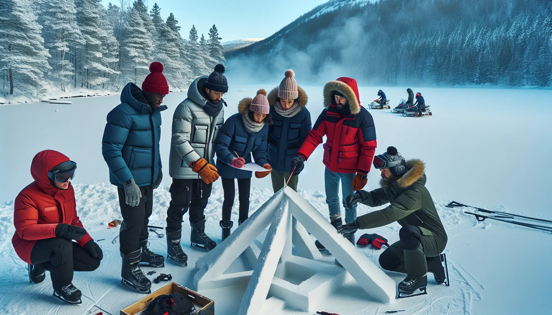 De beste aktivitetene for teambuilding i vinter: fra skøyter til snøskulpturer 2 Coworkers in norway collaborating on a snow sculpture beside a frozen lake.