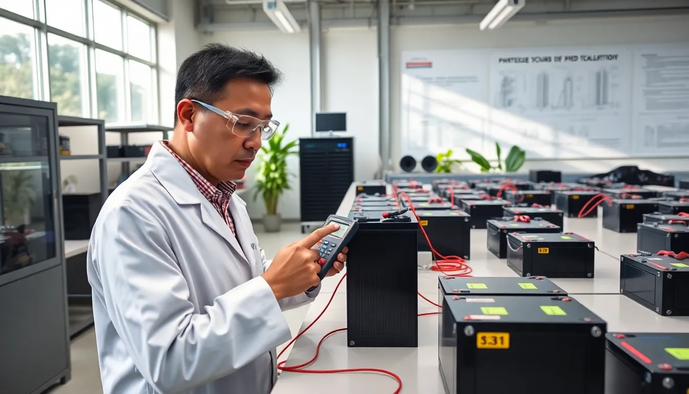 An engineer testing a battery in a modern energy storage lab.