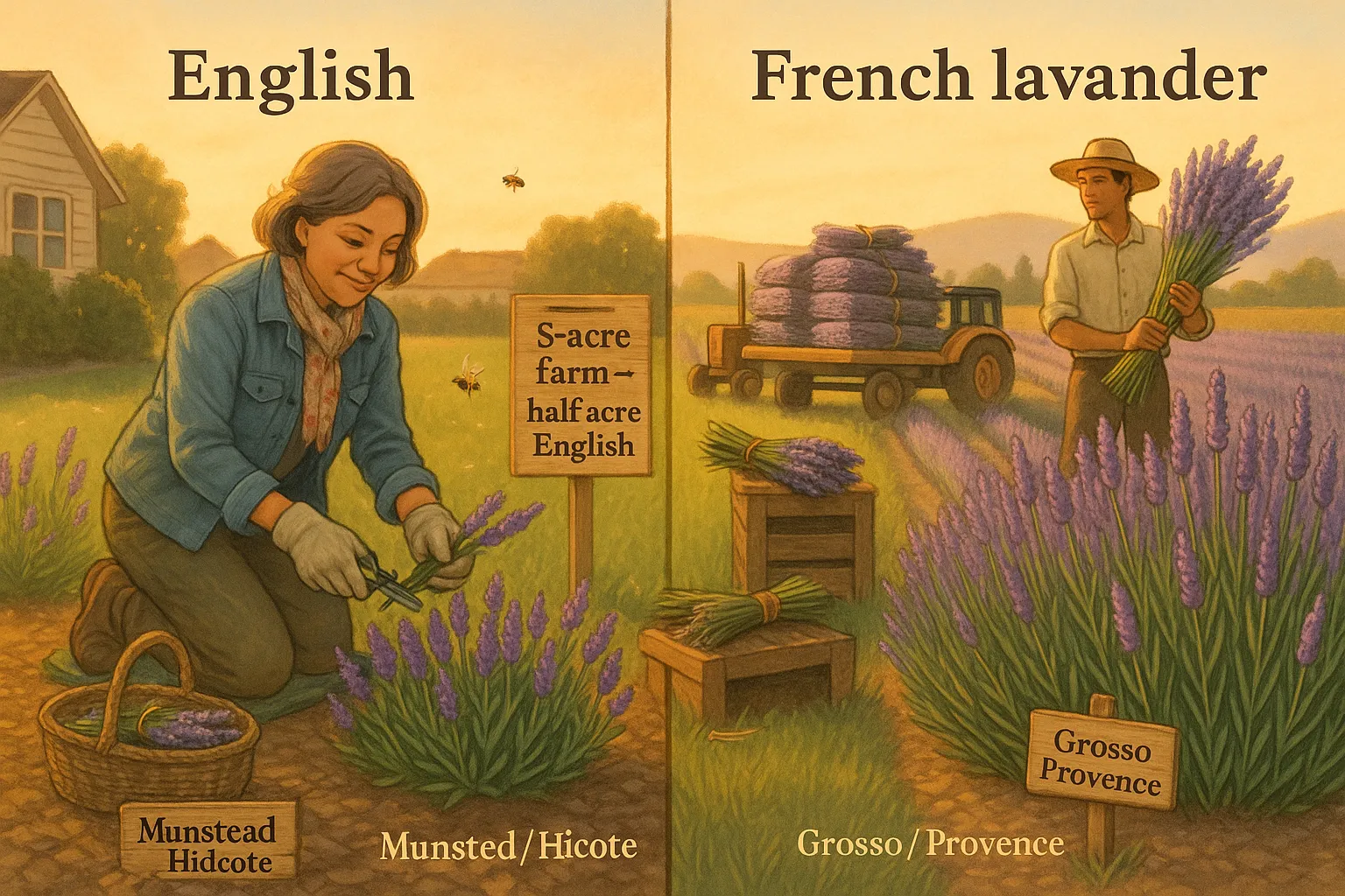 Gardener harvesting English lavender beside rows of taller lavandin on a small farm.