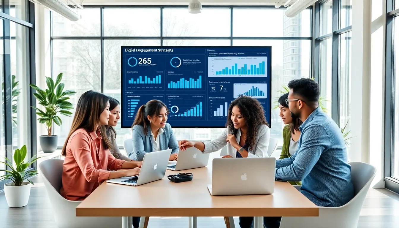 diverse team analyzing engagement strategies in a modern office.