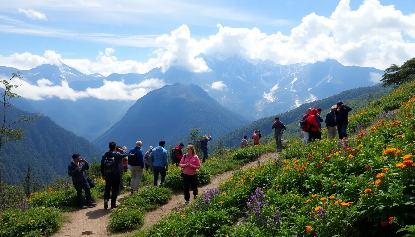 a diverse group of hikers trekking through the stunning landscapes of Bhaksunda.