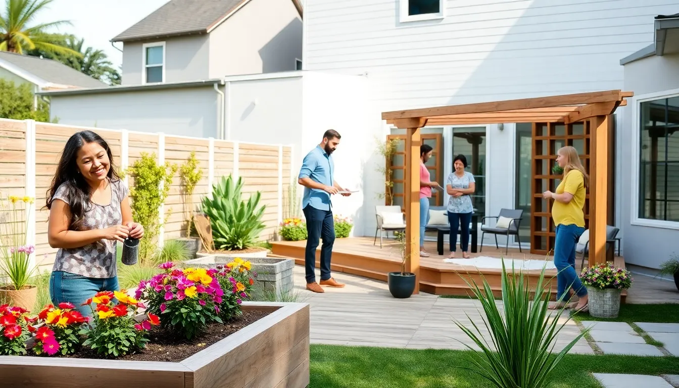 diverse group working on DIY outdoor projects in a sunny backyard.