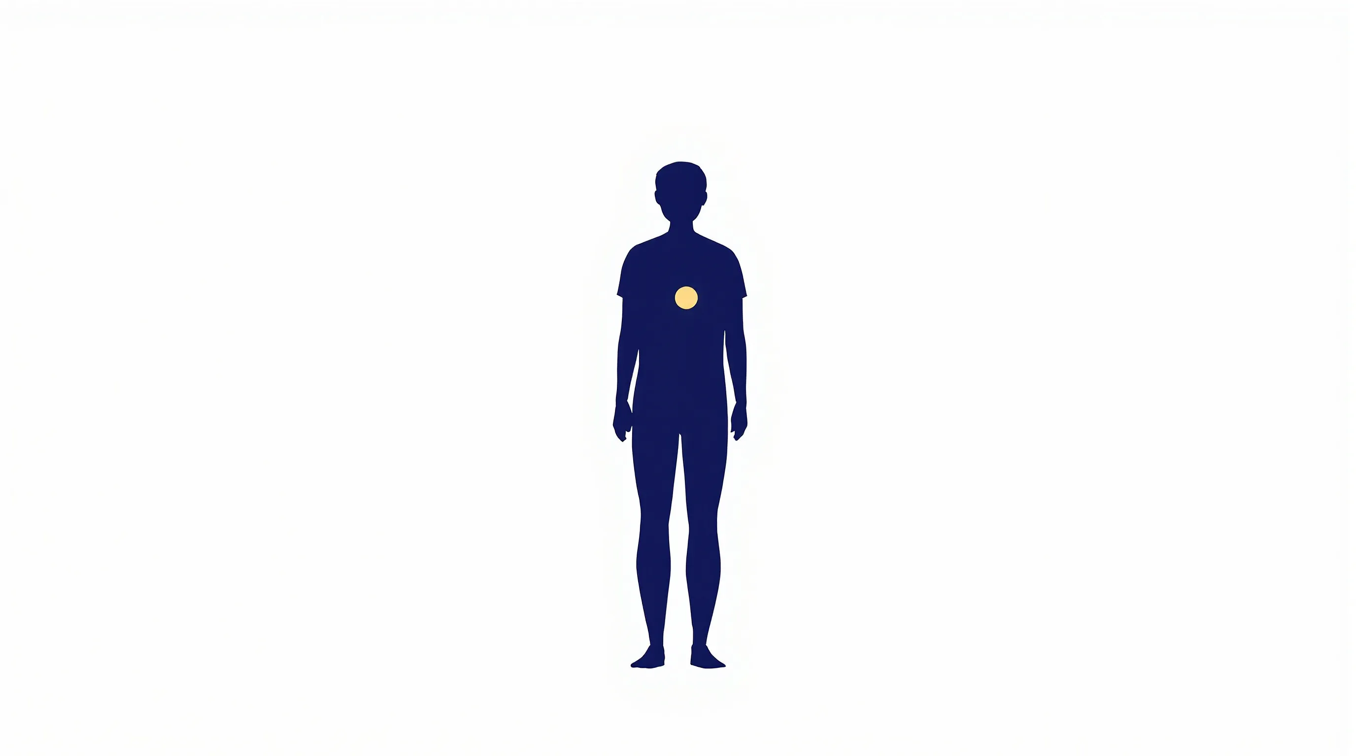 A minimal silhouette of a person standing confidently with a golden circle at chest level.