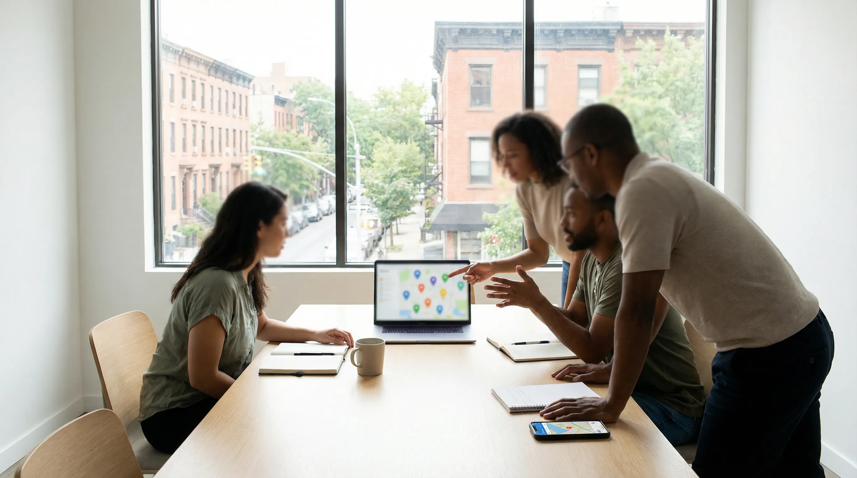 Professional team in a modern office collaborating around a laptop with maps and location pins, city neighborhood visible through large window, representing local SEO services.