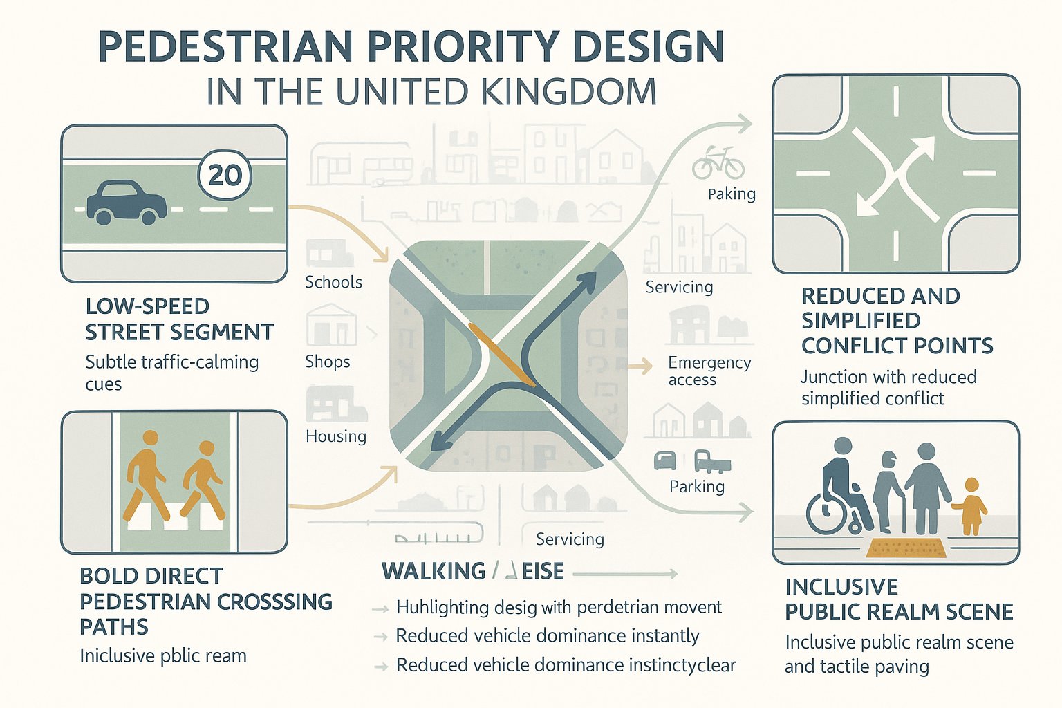 Infographic showing four principles of pedestrian-first street design in the UK.