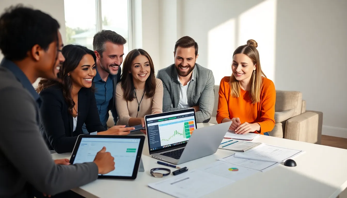 diverse team collaborating on event planning tools in a modern office.