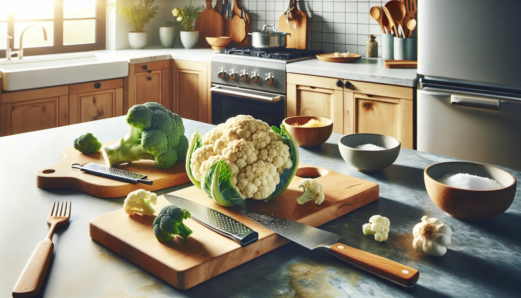 A kitchen counter displaying broccoli and cauliflower prepared for cooking.