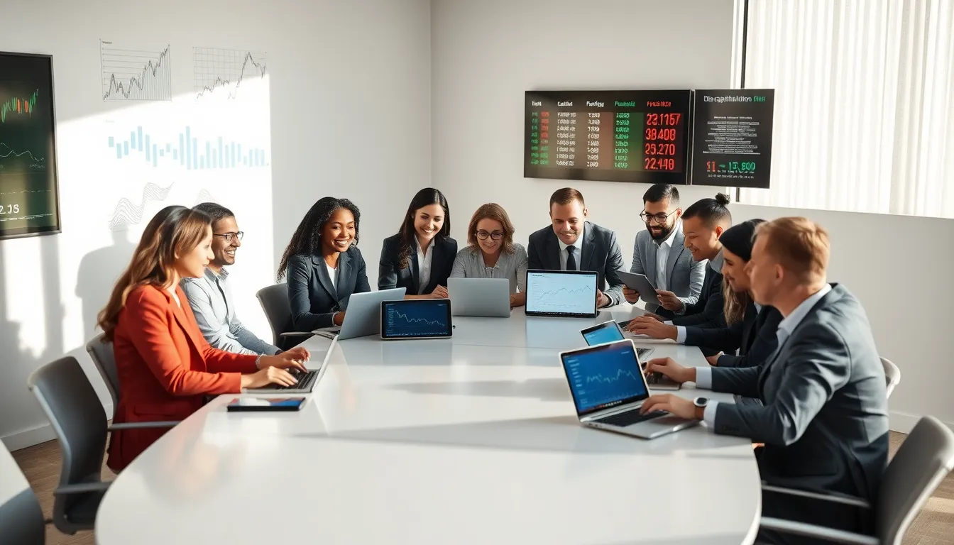 diverse finance team discussing investment strategies in modern office.
