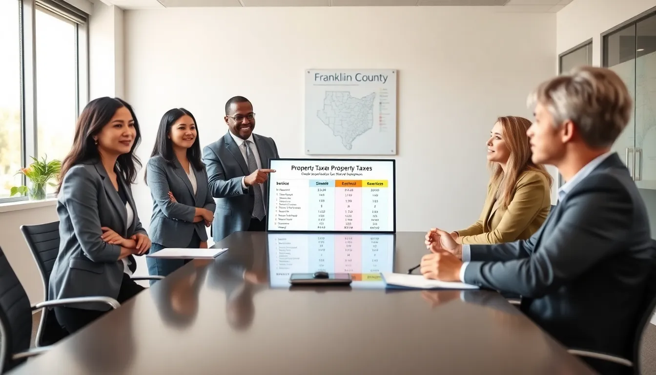 professionals discussing property taxes in a modern office setting.