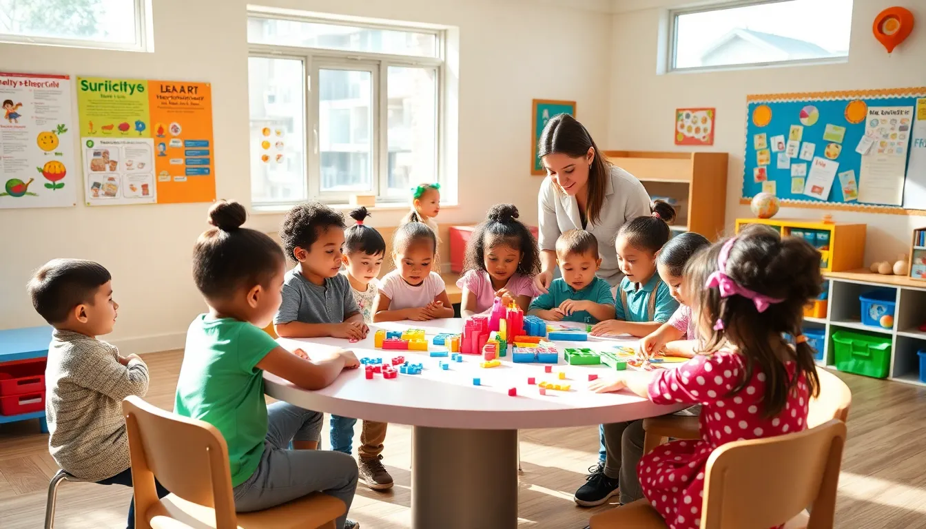 children engaged in a collaborative learning activity in a bright classroom.