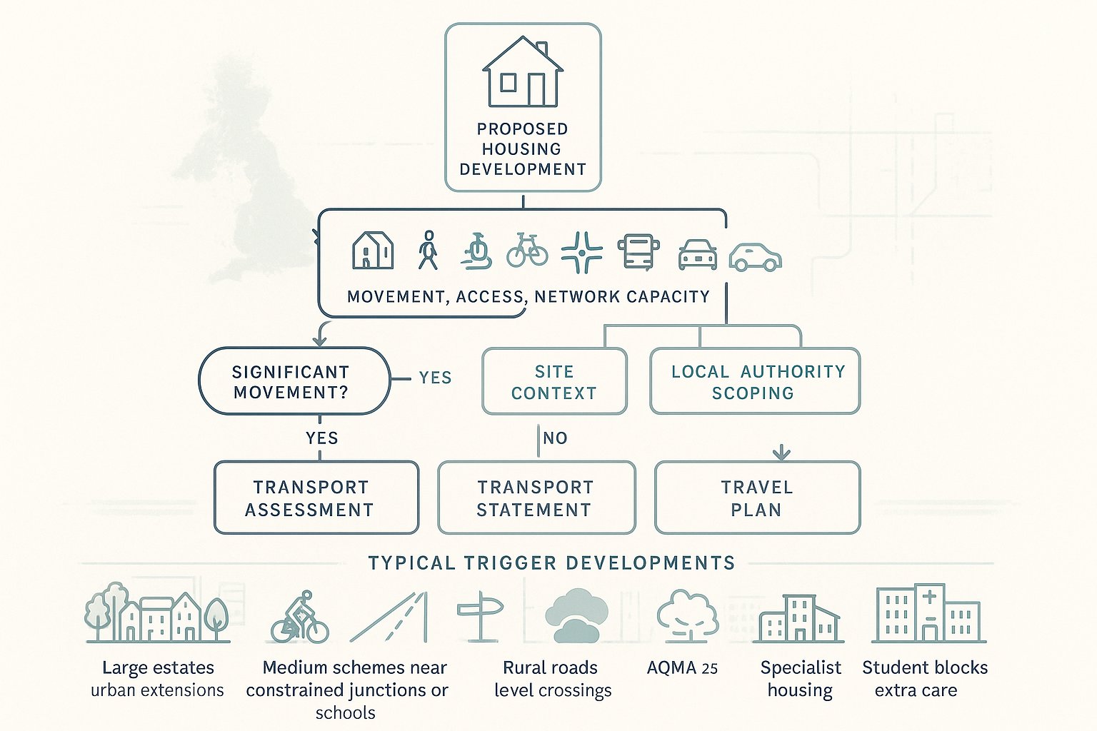 Infographic showing when a residential transport assessment is needed in the UK.