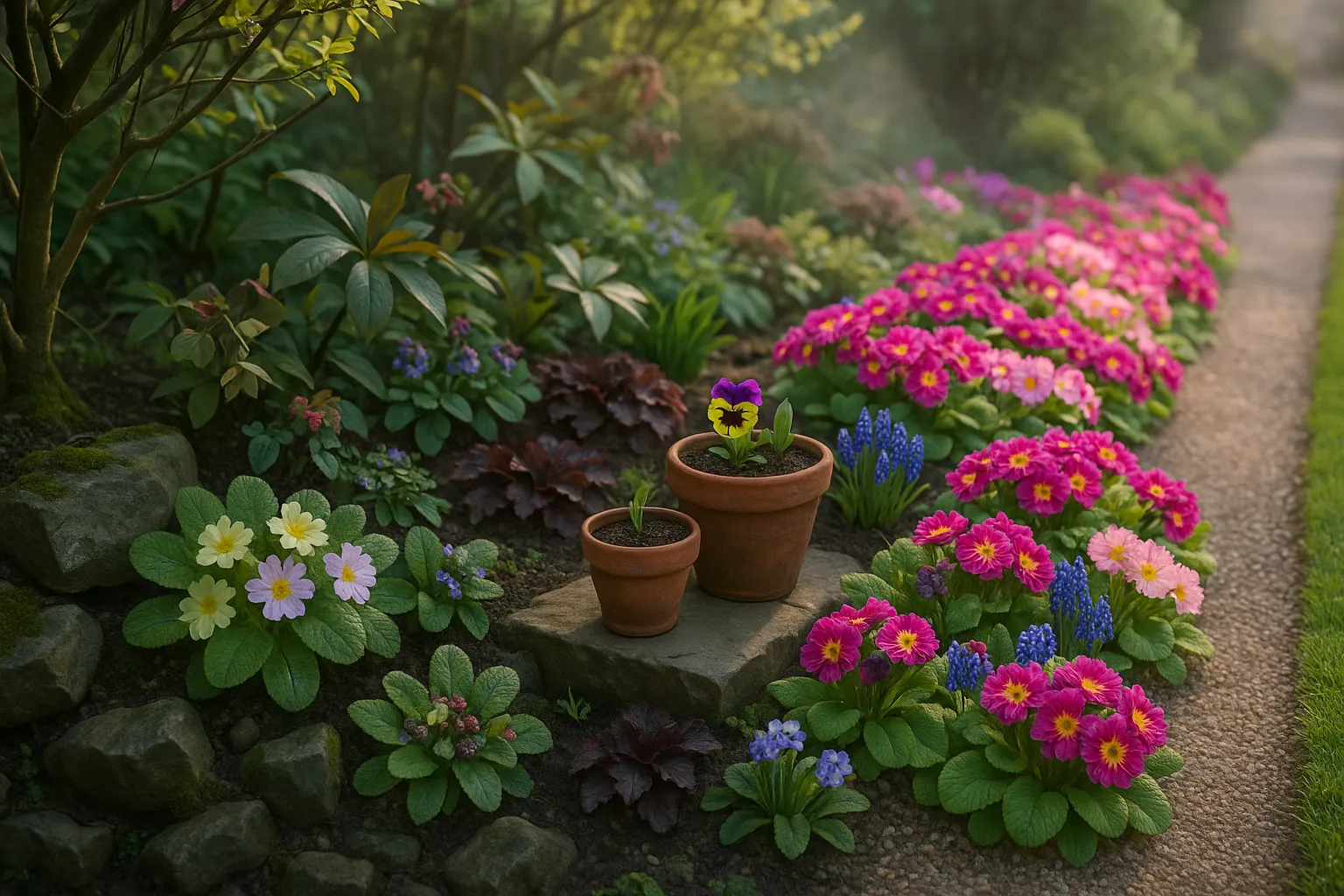 shaded primroses near rocks and sunny massed polyanthus in a spring border