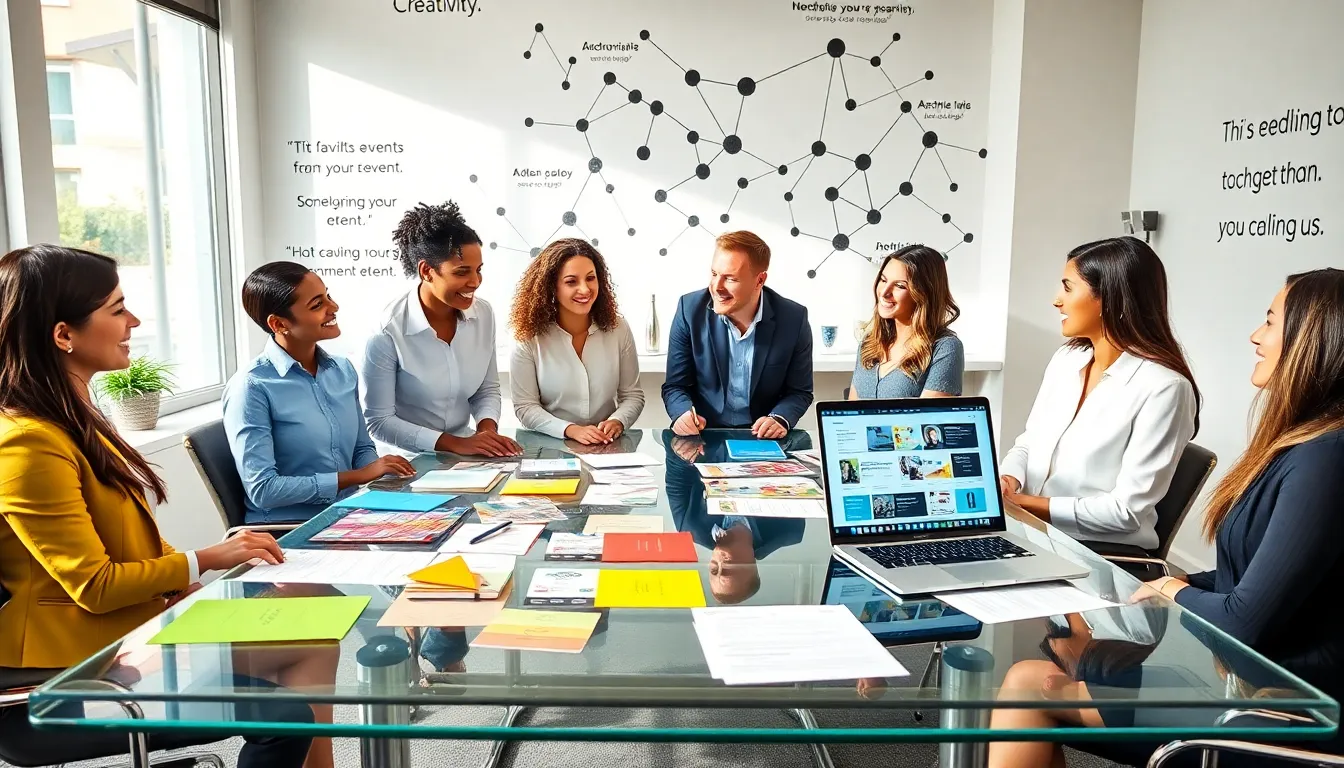 diverse team brainstorming in a modern event planning office.