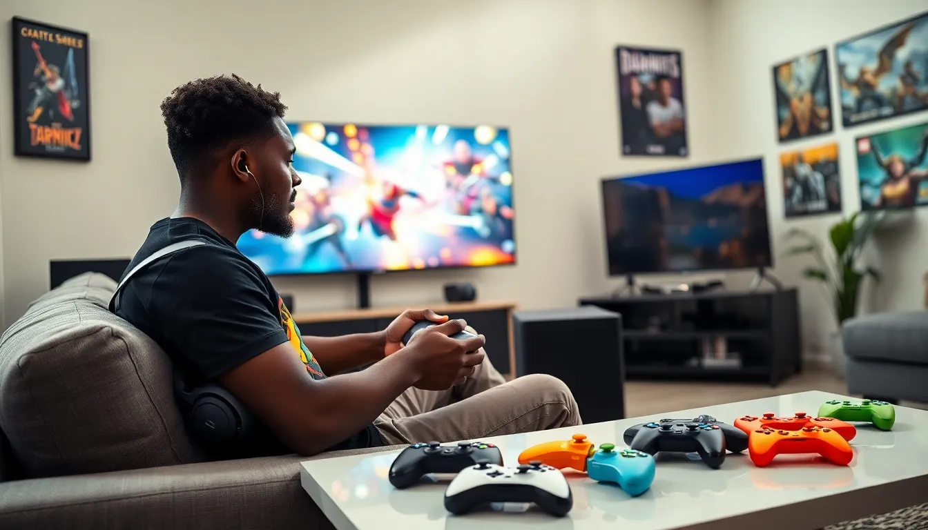 A young gamer playing video games in a modern living room.