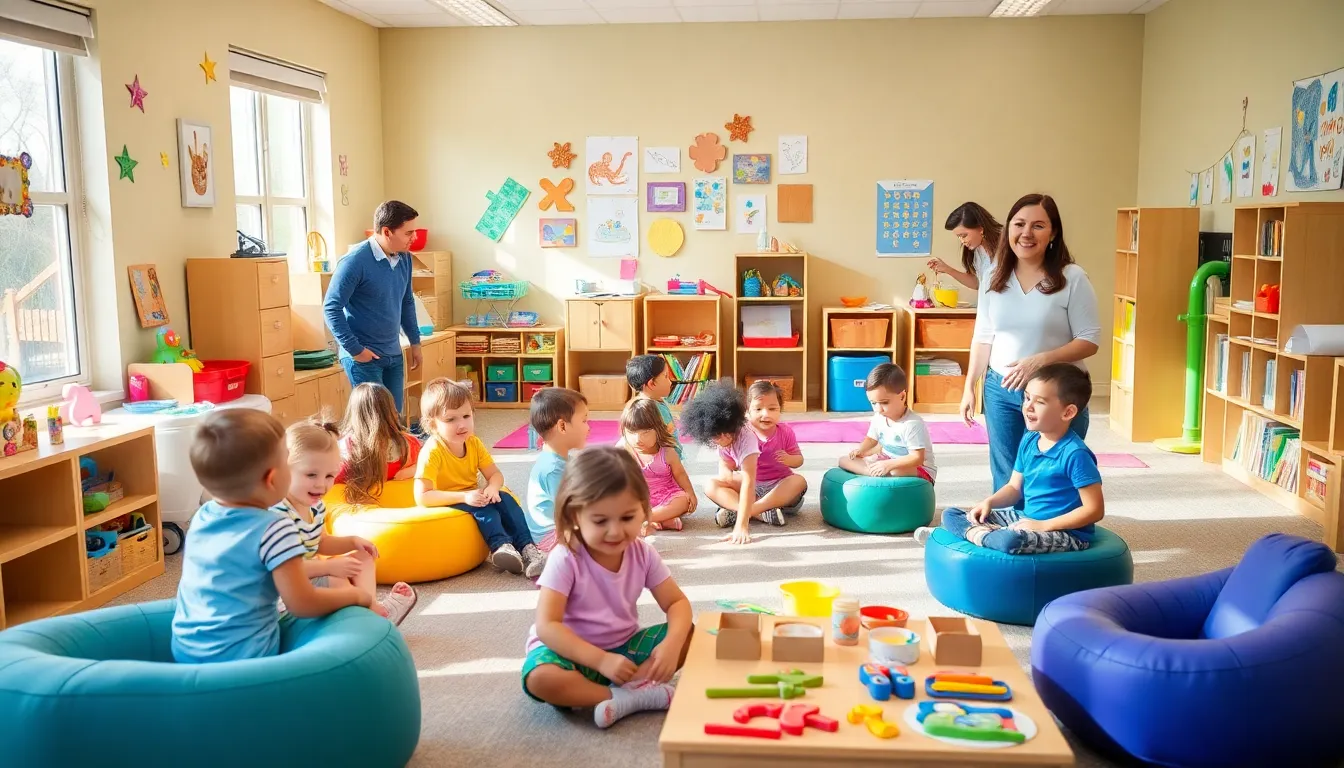 Children engaged in play-based learning in a colorful preschool classroom.