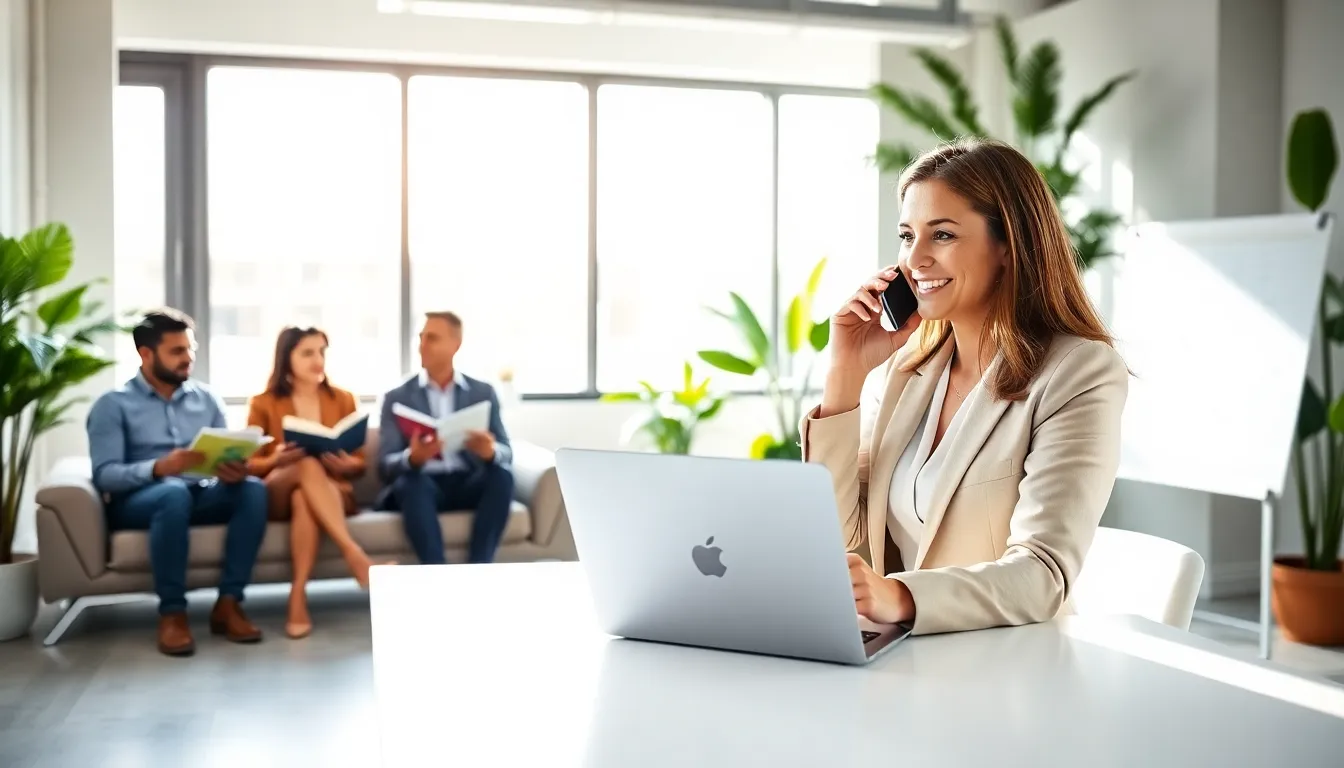 A female real estate agent working in a modern office discussing with diverse clients.