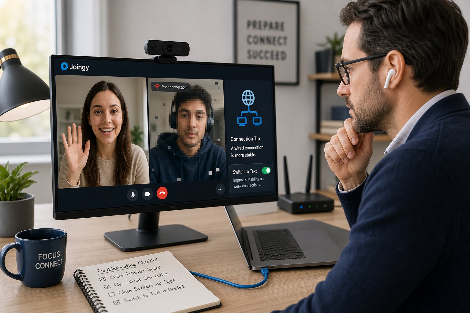 User on video chat seeing lag and switching to text for stability.