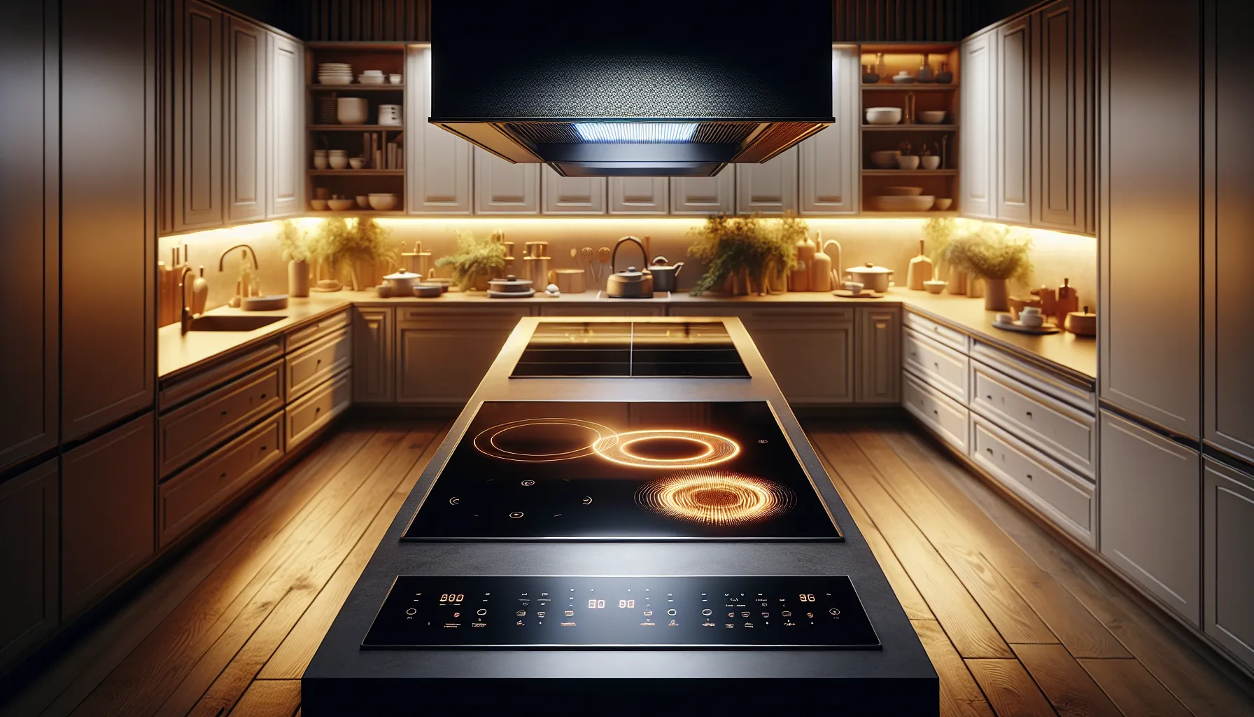 A modern kitchen displaying an induction and electric cooktop side by side.