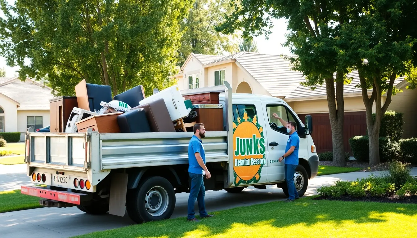 a diverse team providing junk pickup service in a residential area.