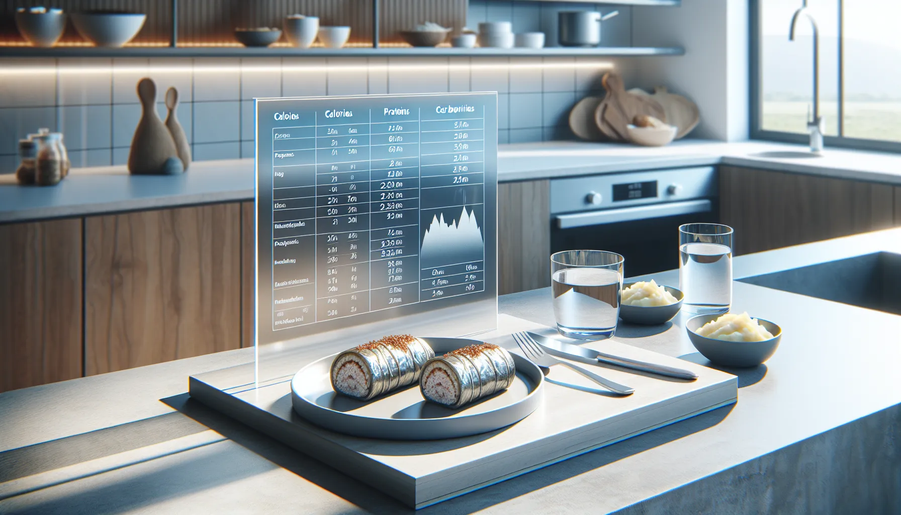 Portion of sarma with nutrient chart on a modern kitchen counter.