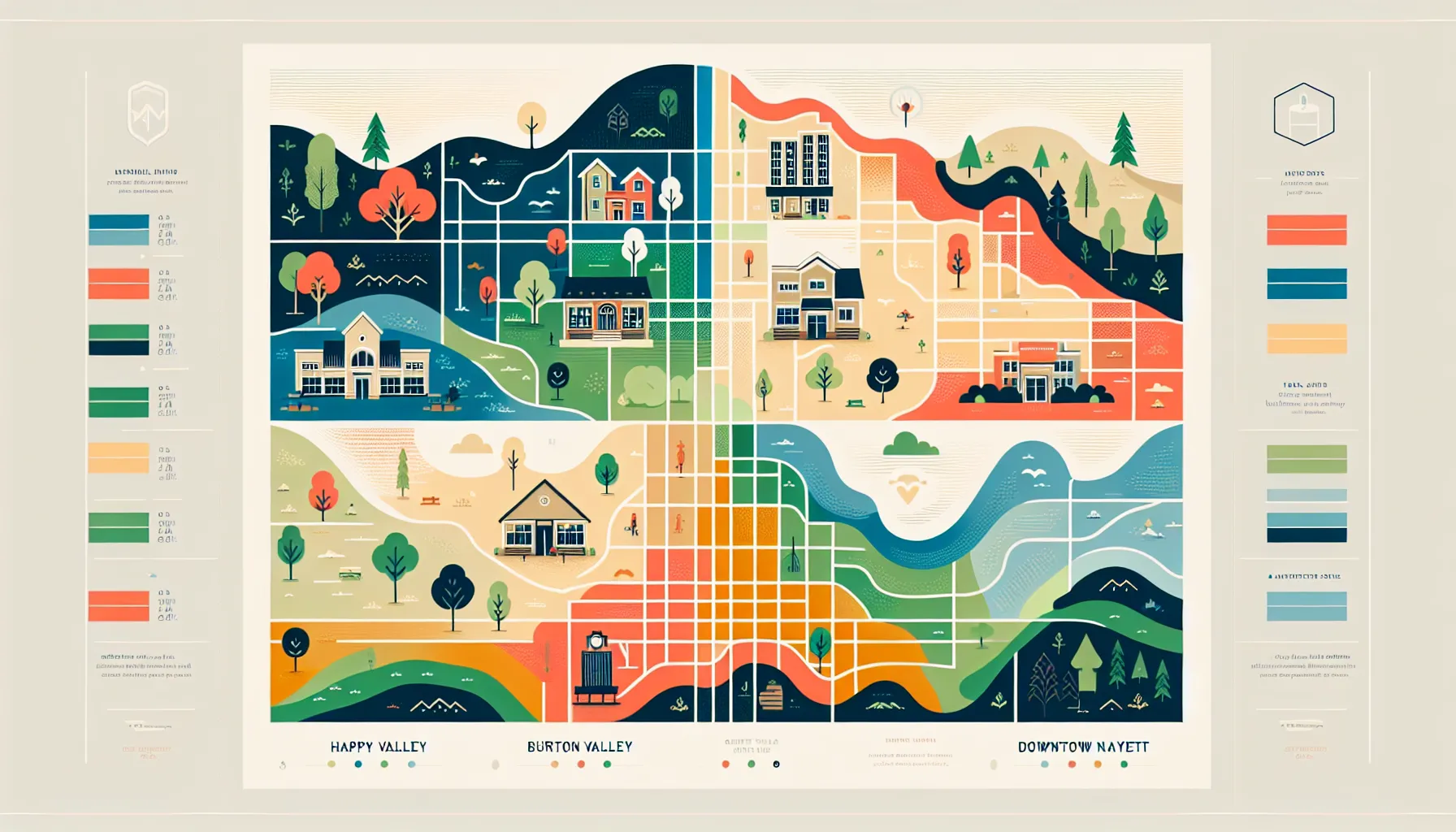 map showing four main neighborhoods of Lafayette with distinctive icons