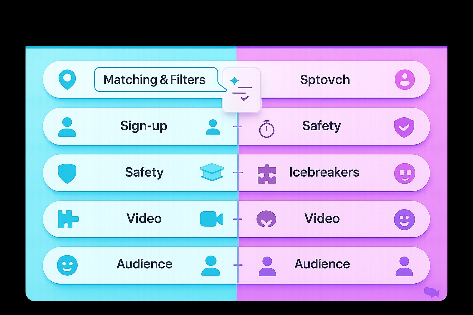 Two‑column infographic comparing app features, safety, and matching controls.