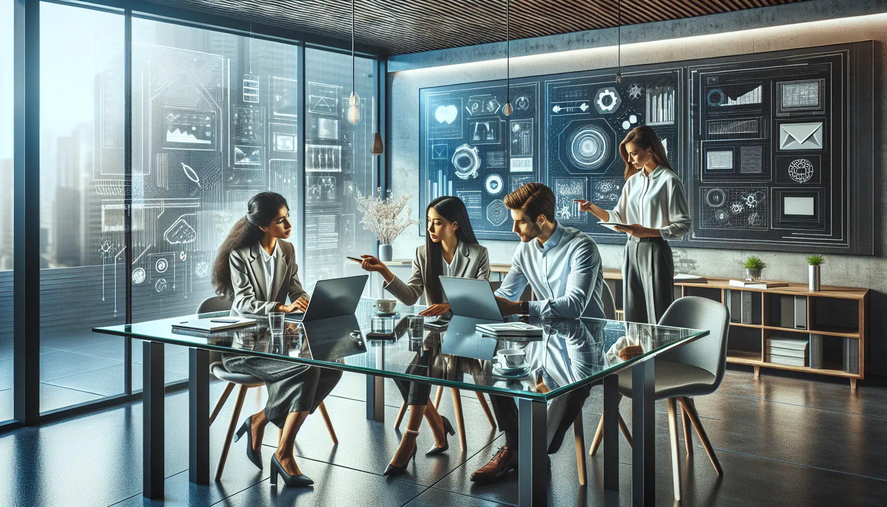 diverse tech enthusiasts discussing the latest gadgets in a modern office.