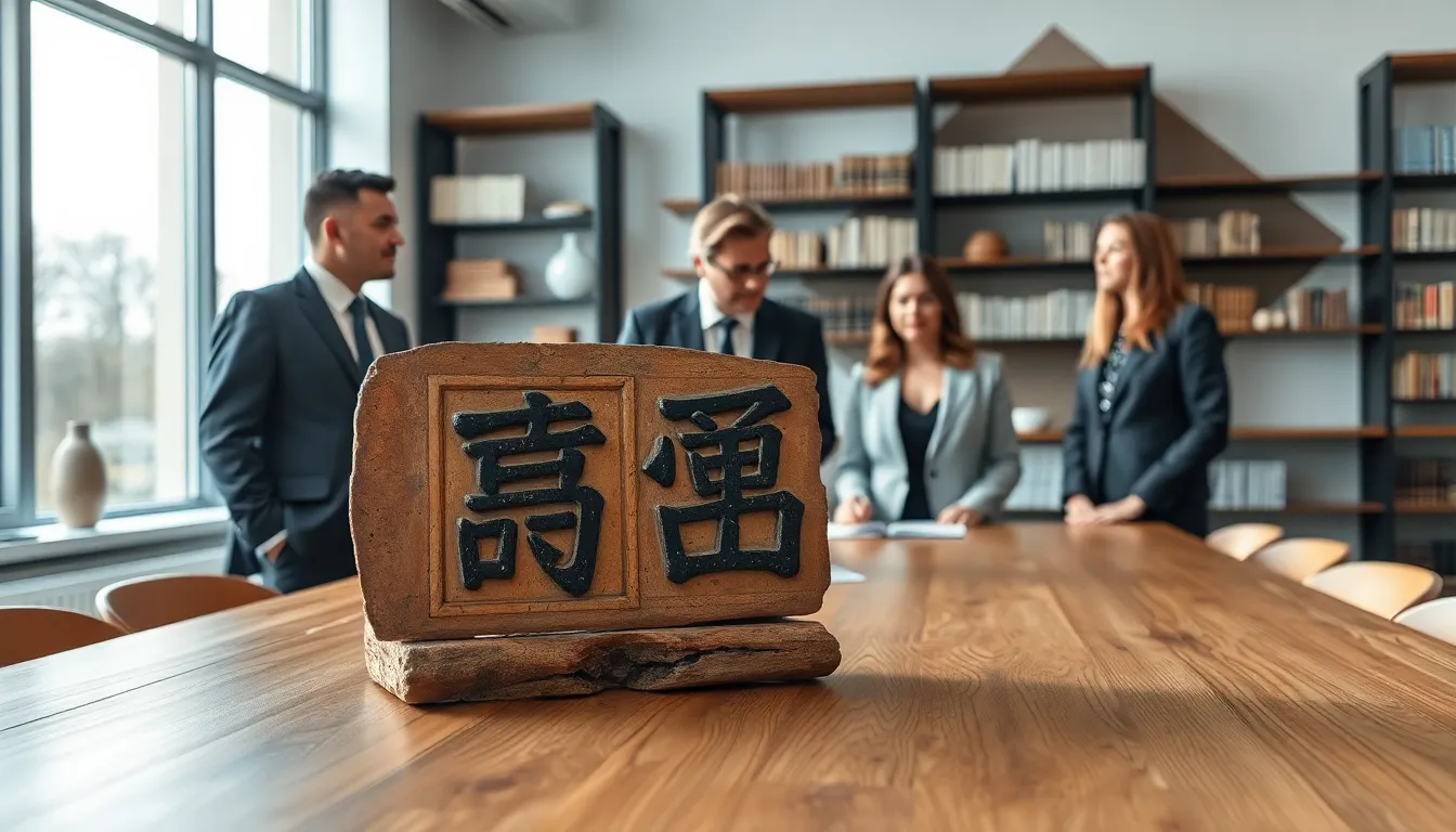 diverse professionals discussing a historical artifact in a modern office.