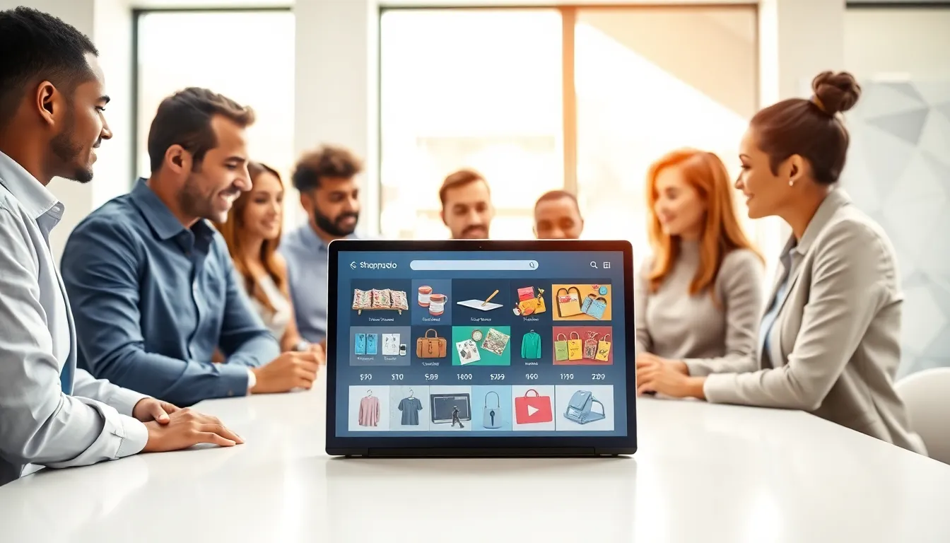 diverse professionals discussing e-commerce in a modern office setting.