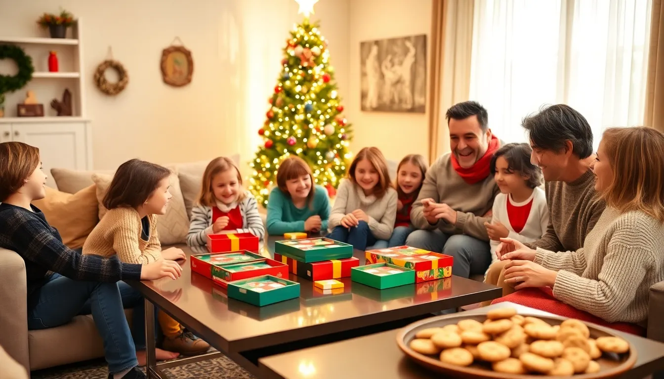 family playing games in a cozy holiday living room.