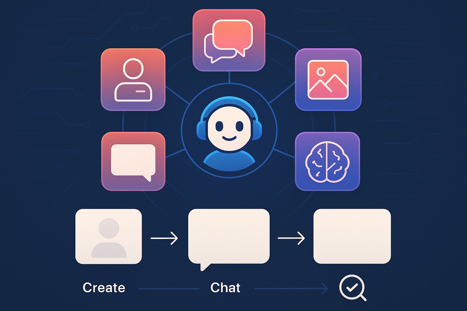 Diagram showing Kindroid AI features and a simple companion memory testing process.