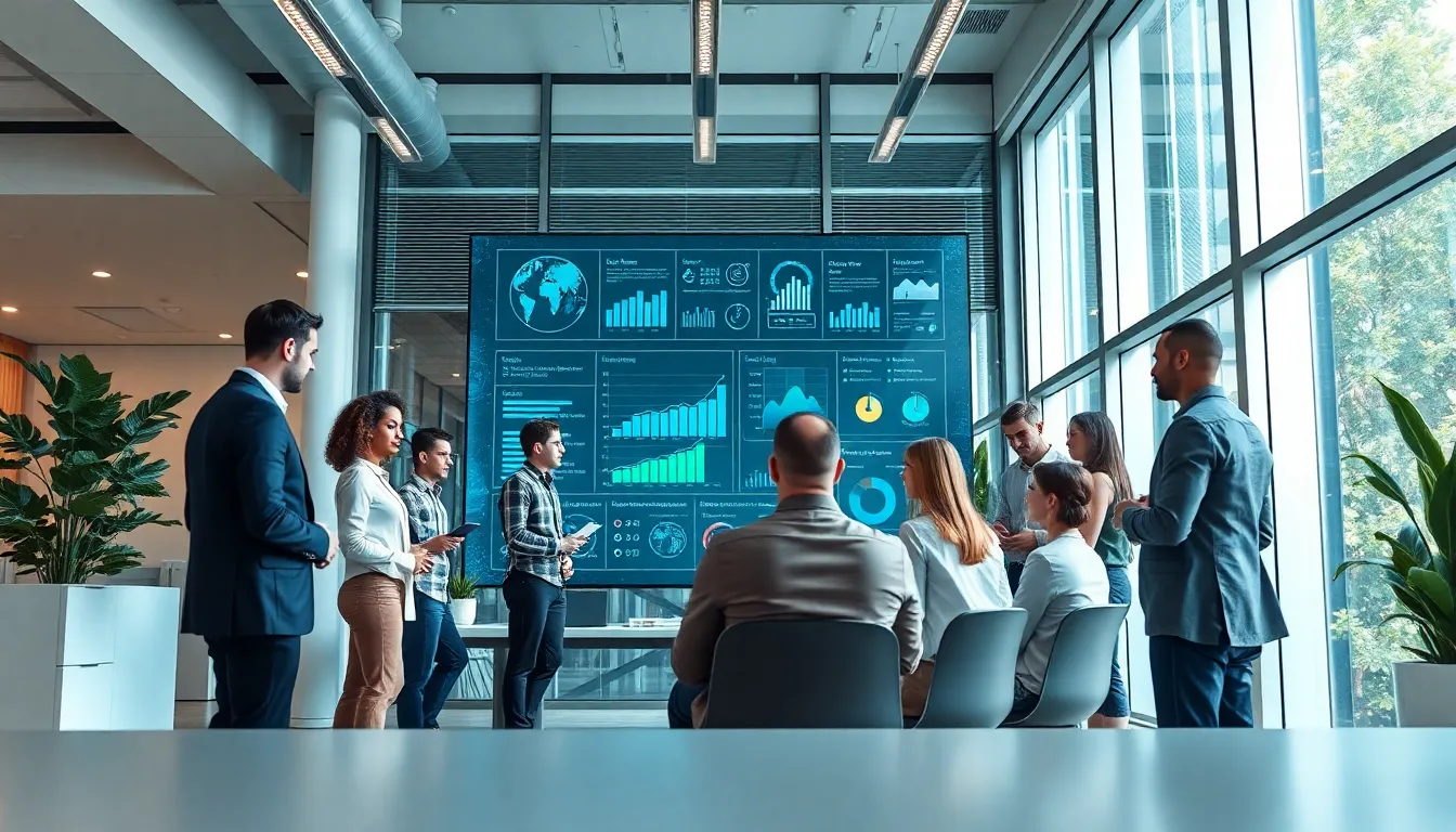 diverse team discussing smart building technology in modern office