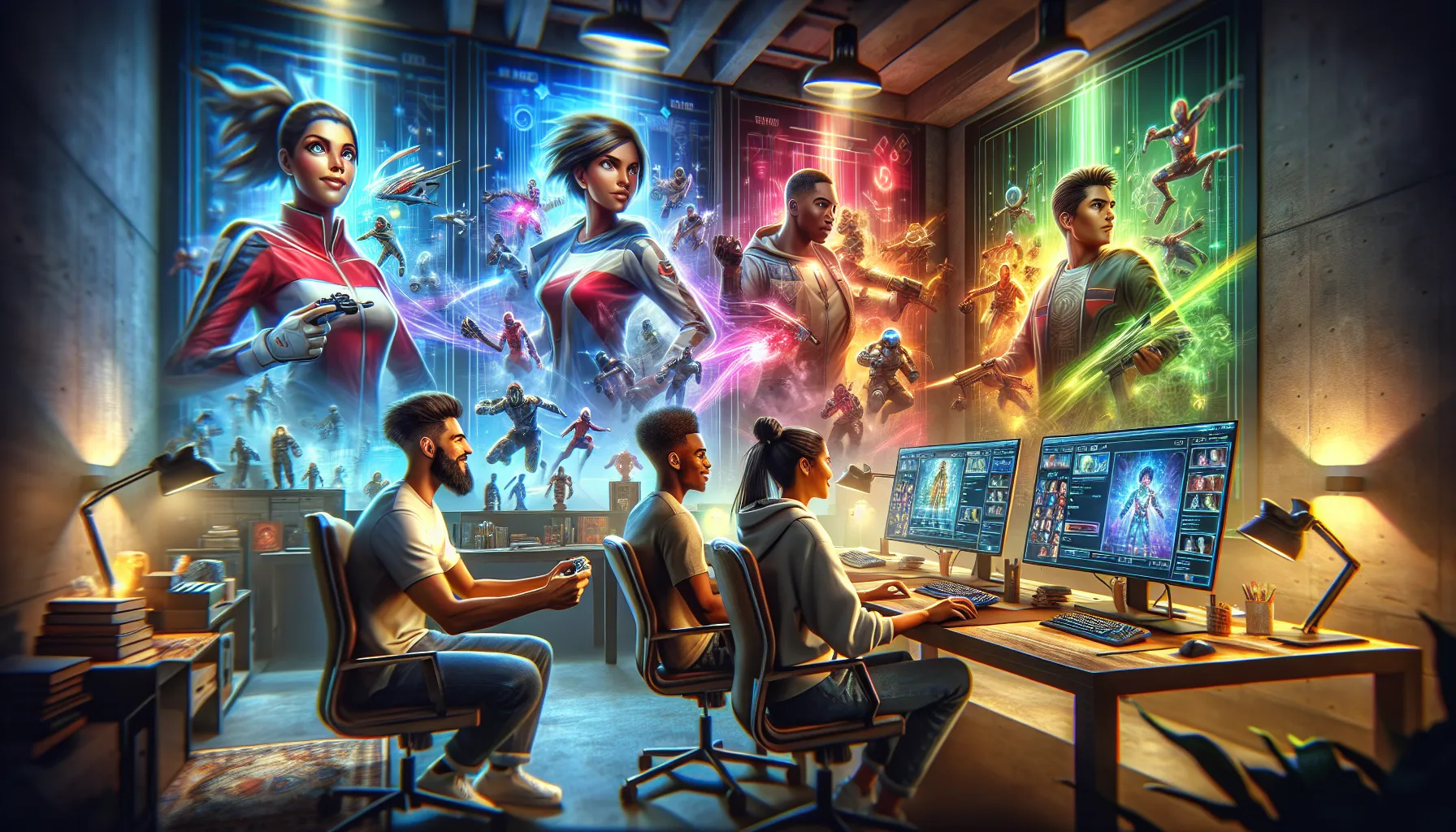 gamers customizing avatars in a modern gaming room.