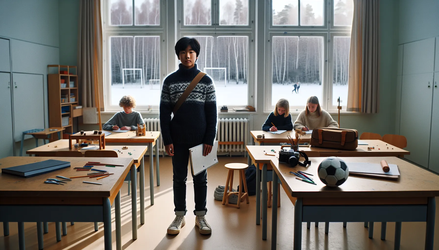 An anxious schoolchild hesitates while classmates collaborate at a table.
