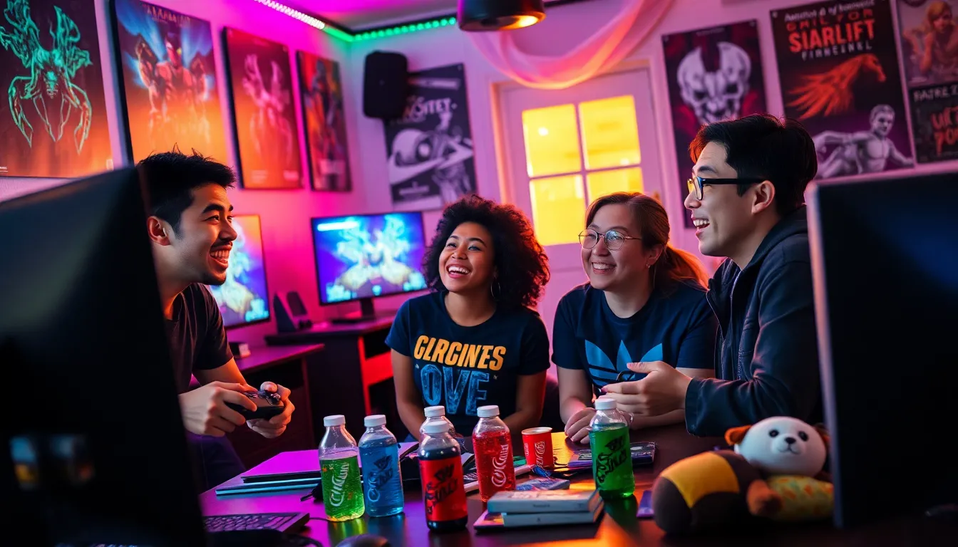 a diverse group of friends gaming together in a lively room.