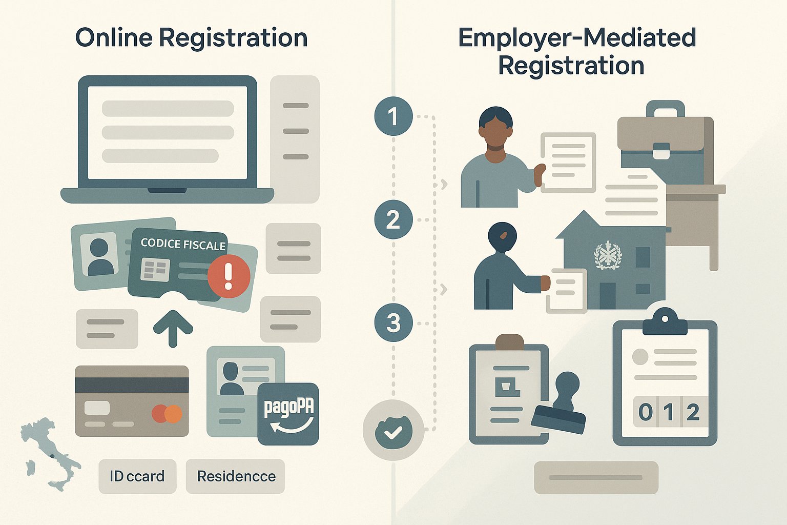 Infografica affiancata che confronta la registrazione SSN online e mediata dal datore di lavoro in Italia.