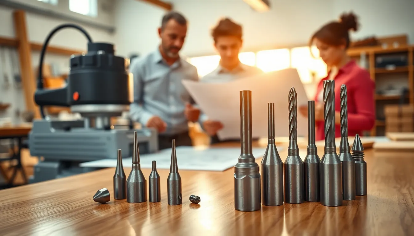 close-up of carbide router bits on a wooden surface in a modern workspace.