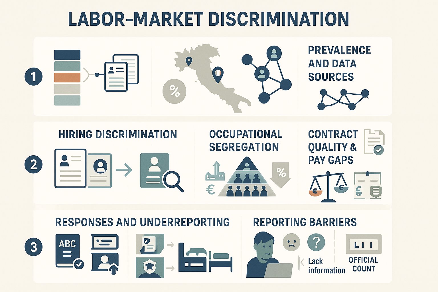 Infografica che mostra modelli di dati, forme e risposte alla discriminazione sul lavoro in Italia.
