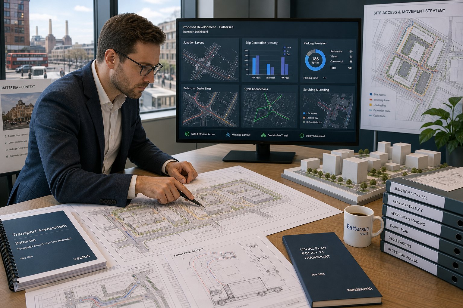 Traffic engineer reviewing Battersea site plans and transport analysis in a modern office.