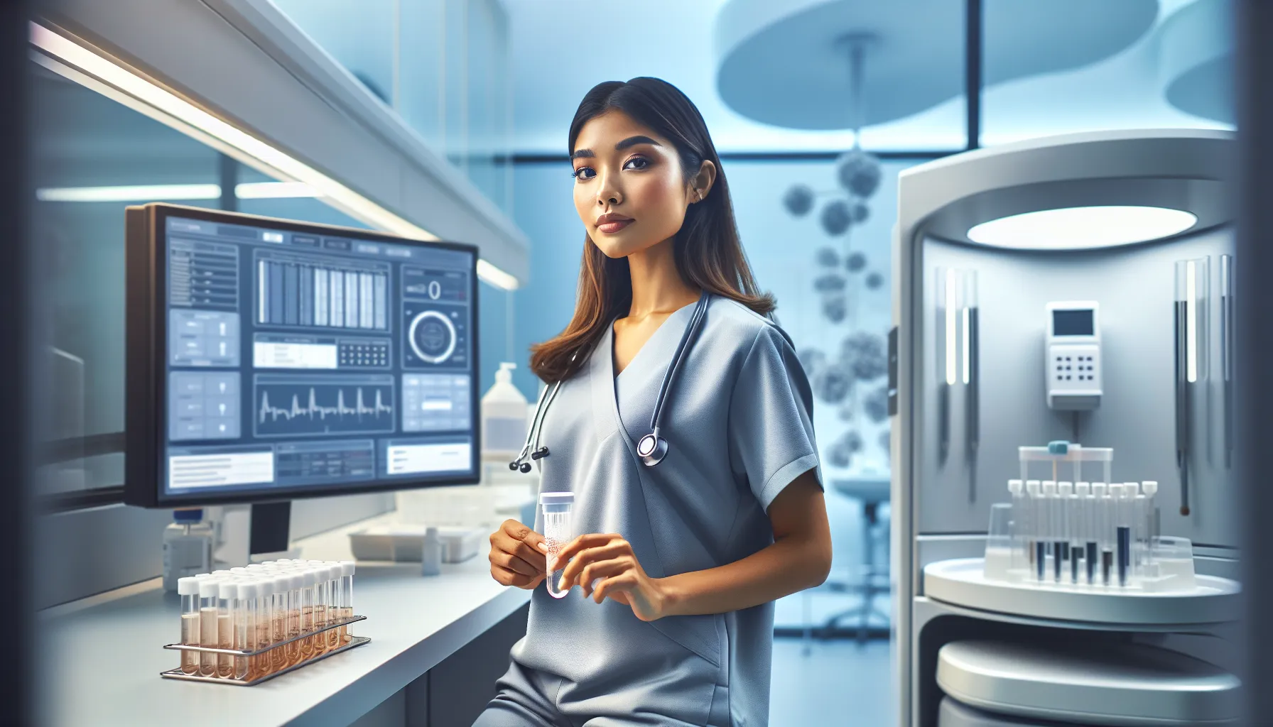 Healthcare professional conducting urine test in a modern lab.