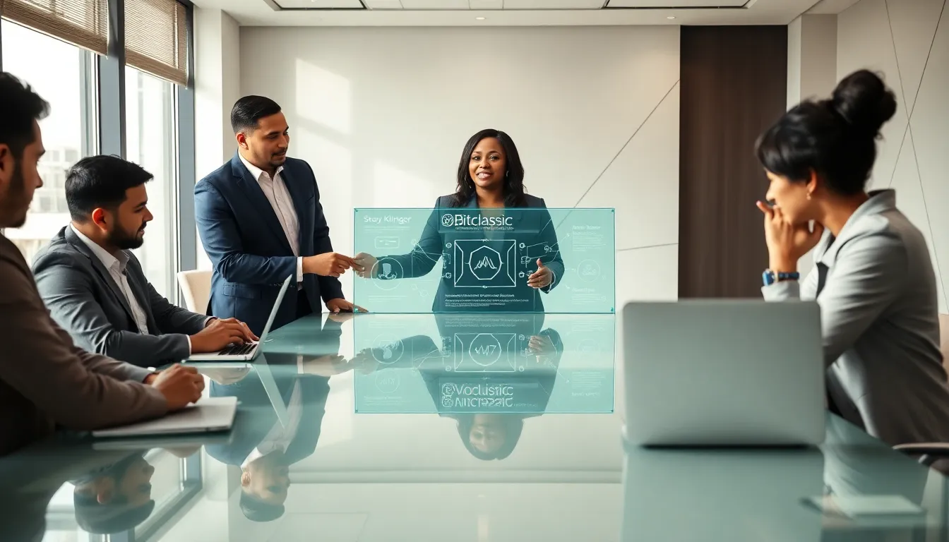 diverse team discussing Bitclassic blockchain technology in a modern office.