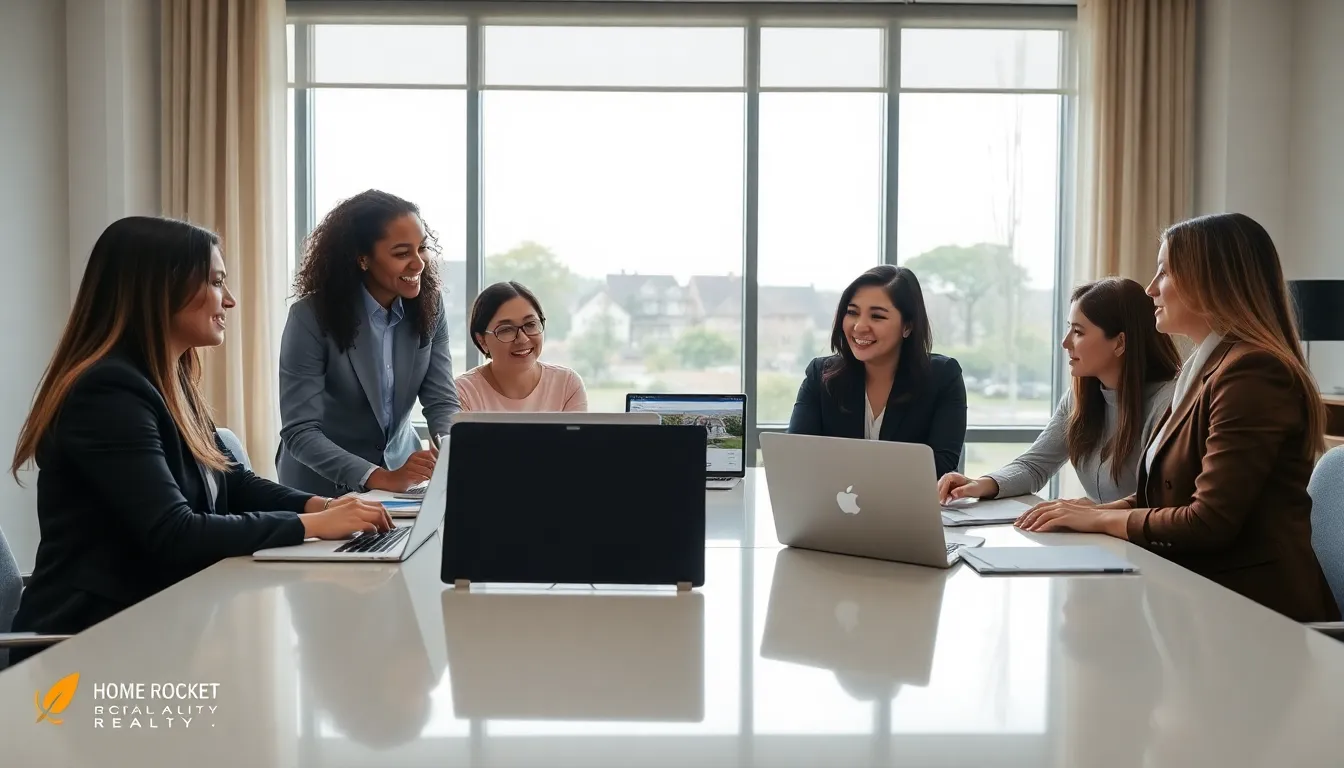 diverse real estate team collaborating in a modern office.