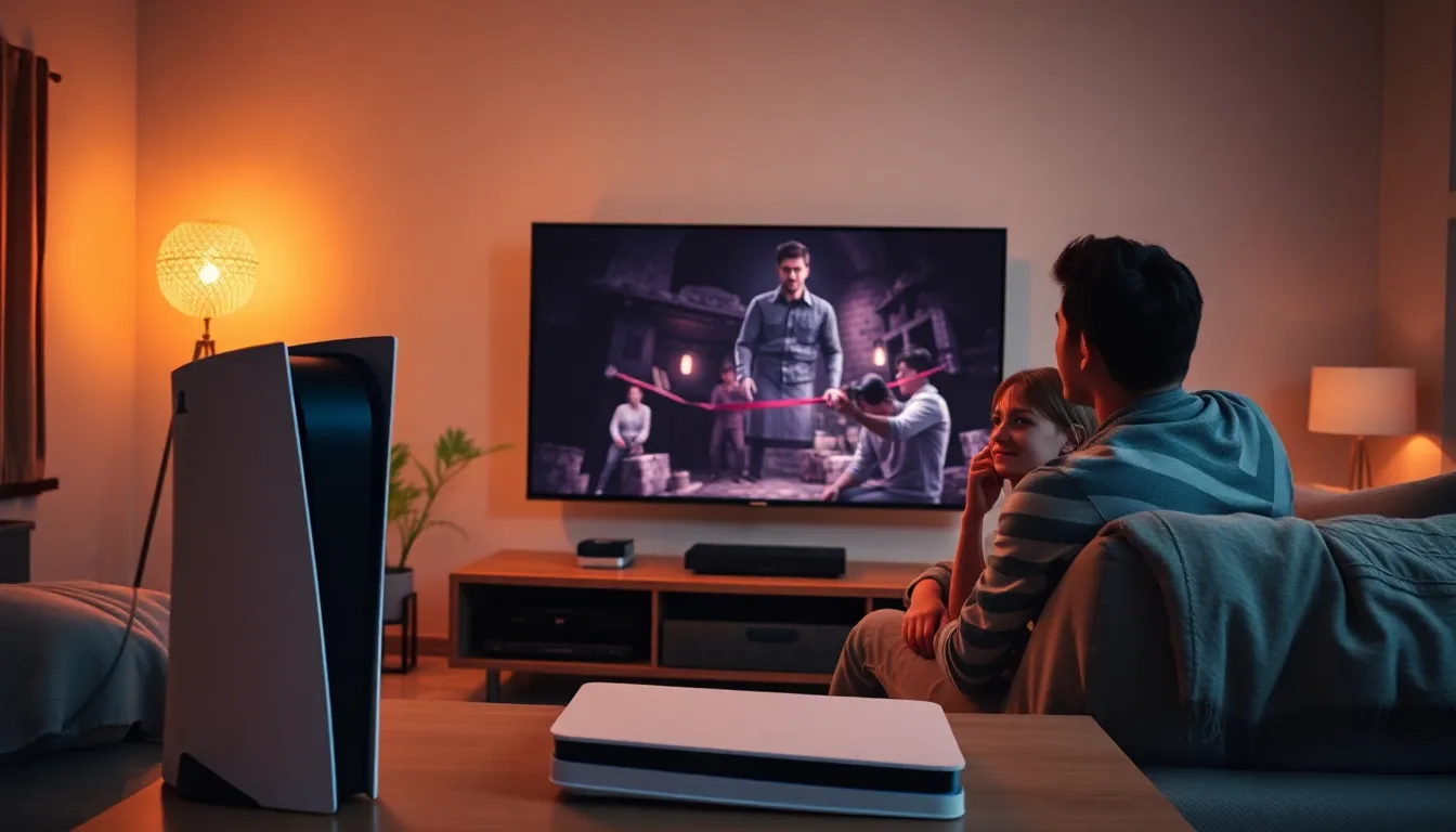 group playing horror games on a PS5 in a cozy living room.