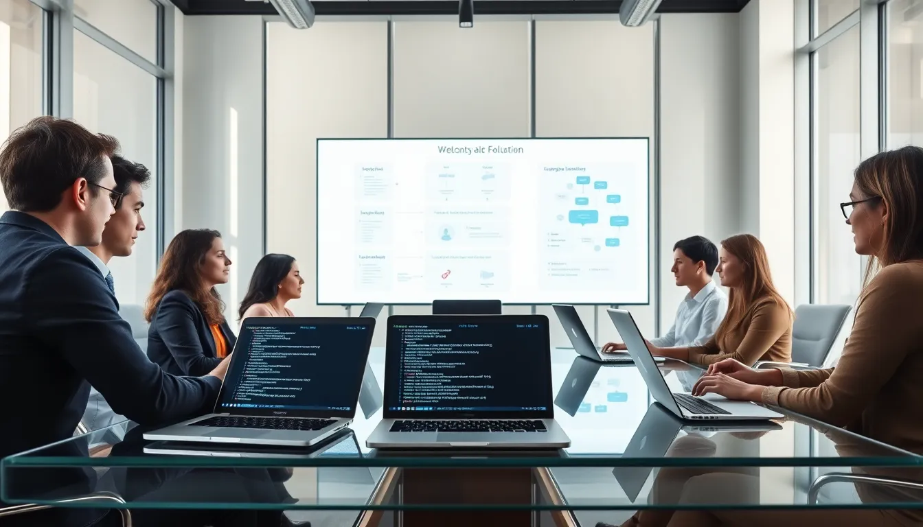 diverse team collaborating on legacy software modernization in an office.