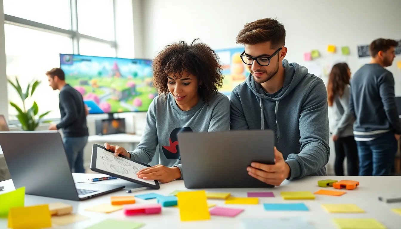 diverse team collaborating in a vibrant gaming studio.