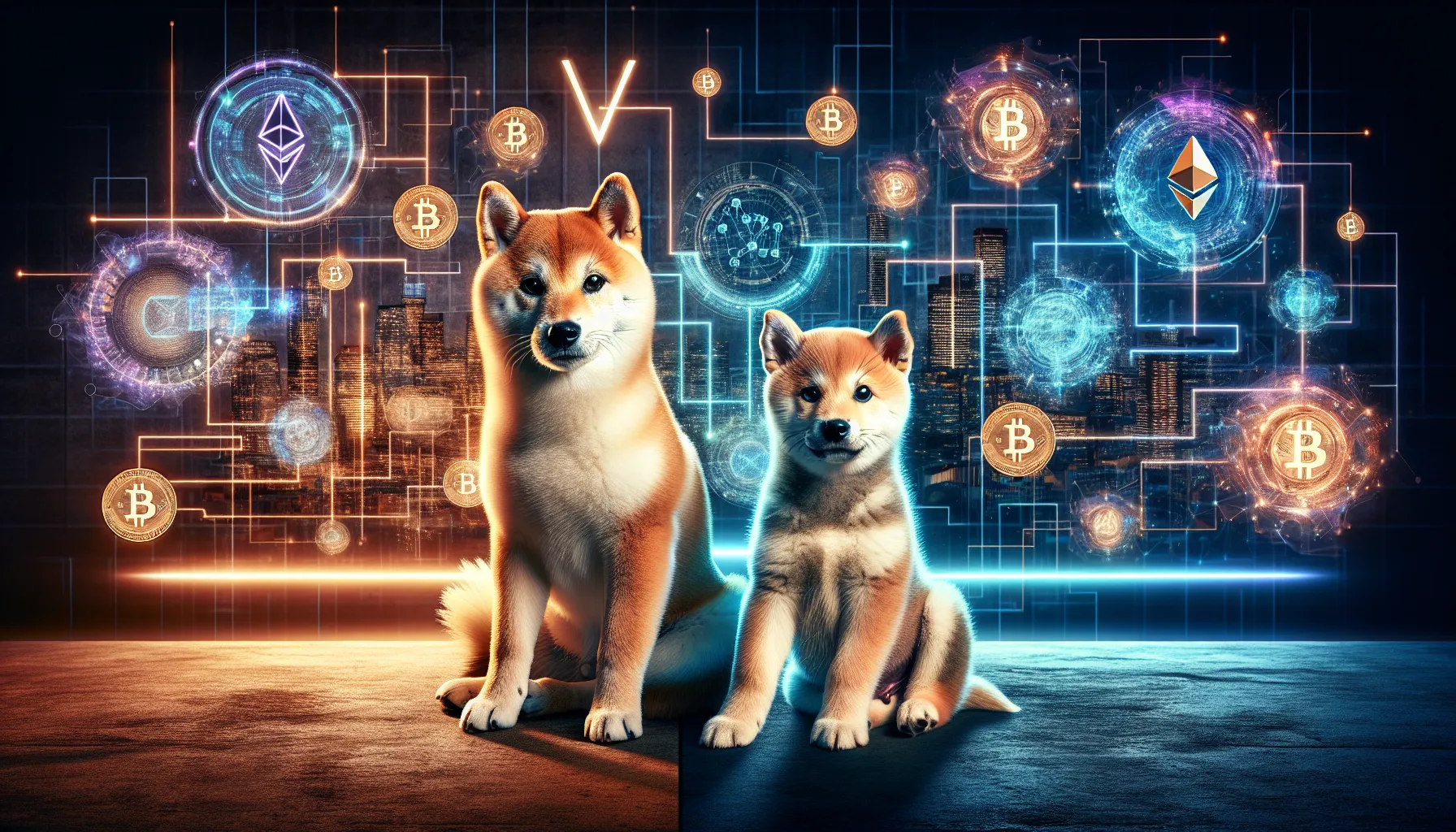 Two Shiba Inu dogs side by side representing Shiba Inu and Floki Inu cryptocurrencies.
