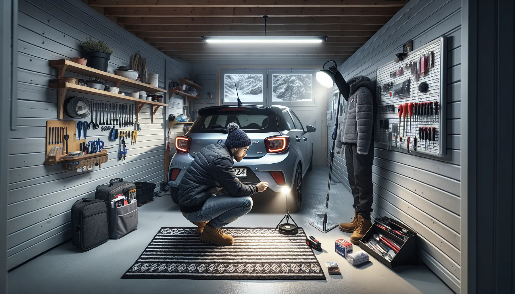 Norwegian diyer inspecting a small car door dent with reflection light.