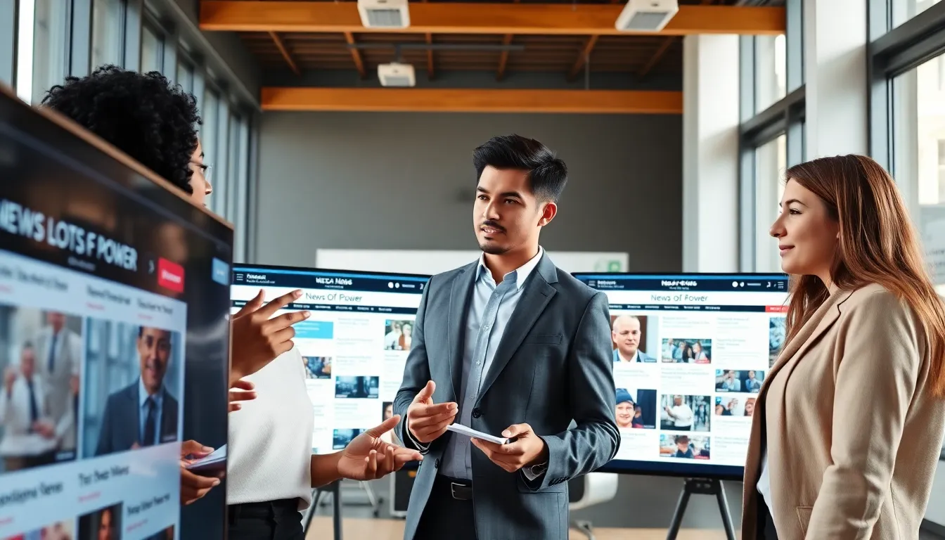 a diverse team discussing news on large screens in a modern office.