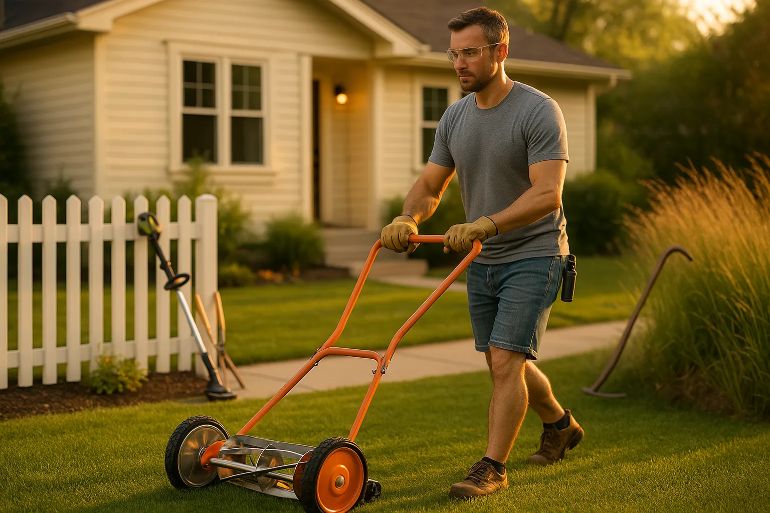 Man using a manual reel mower on a small suburban lawn at dusk.